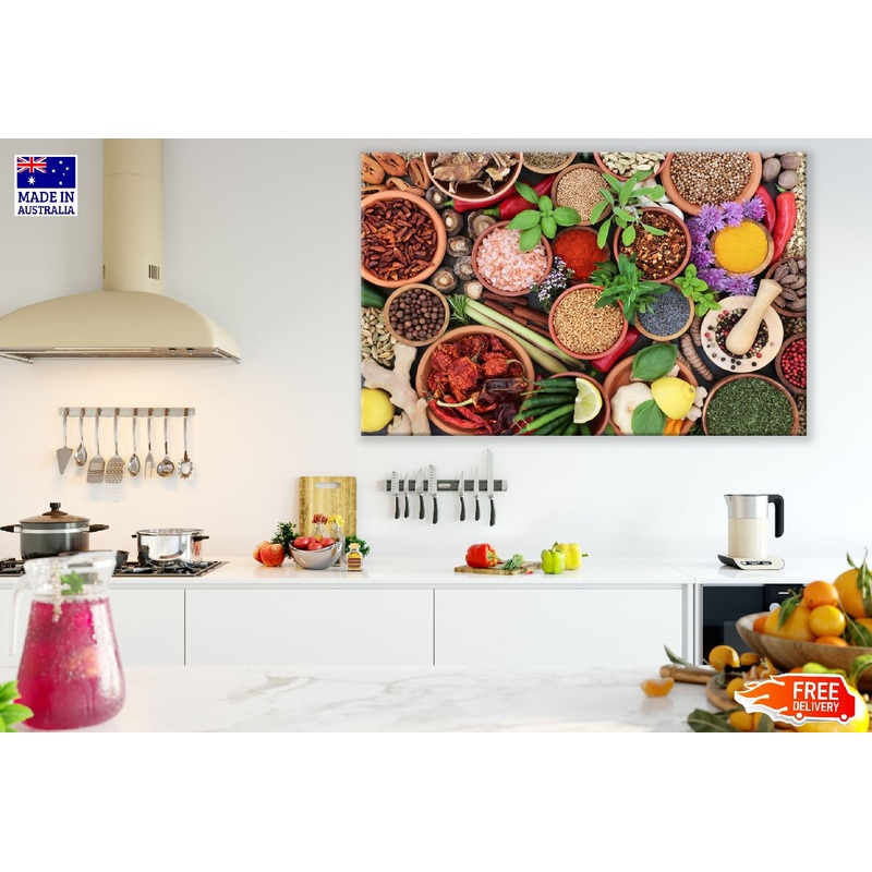 Herb and Spice Assortment in Bowls Top View Photograph Print 100% Australian Made