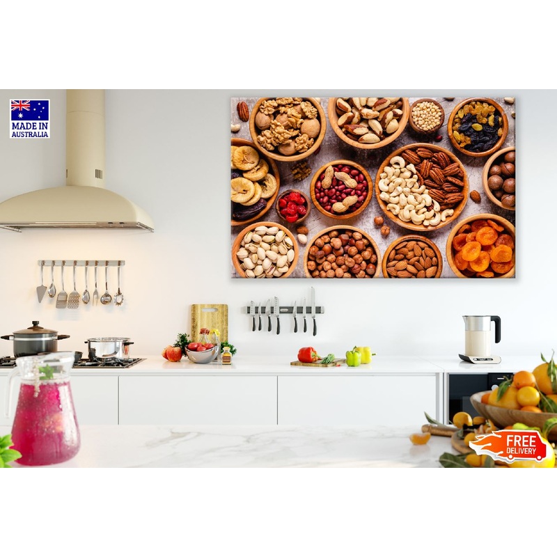 Nuts and Dried Fruits in Wooden Bowls Top View Photograph Print 100% Australian Made