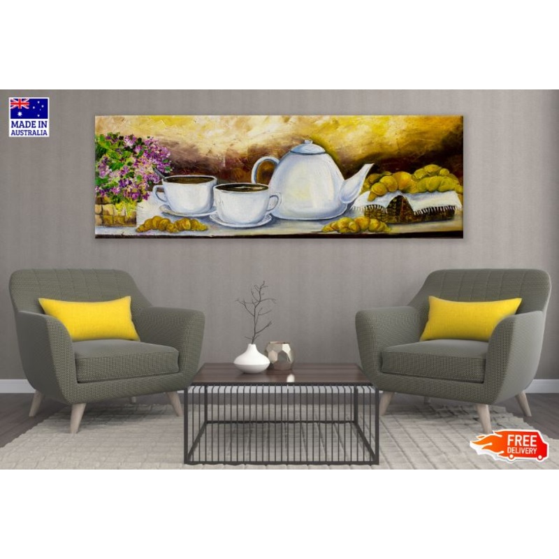 Panoramic Canvas Kettle & Cups Painting High Quality 100% Australian made wall Canvas Print ready to hang