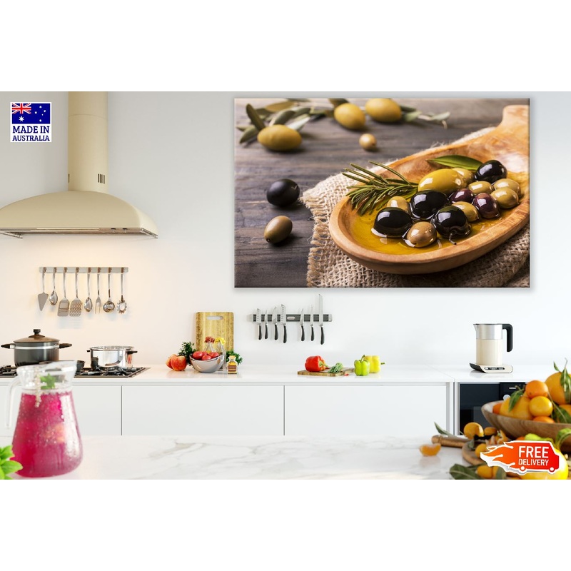Rosemary Olives and Virgin Oil on the Wooden Table Print 100% Australian Made