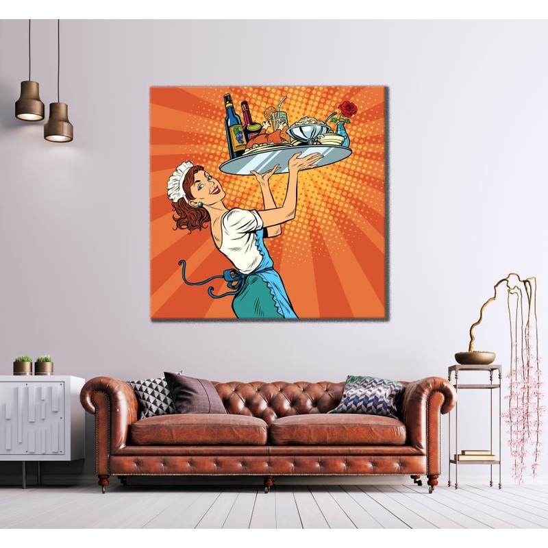 Square Canvas Waitress with Food On Tray Art High Quality Print 100% Australian Made