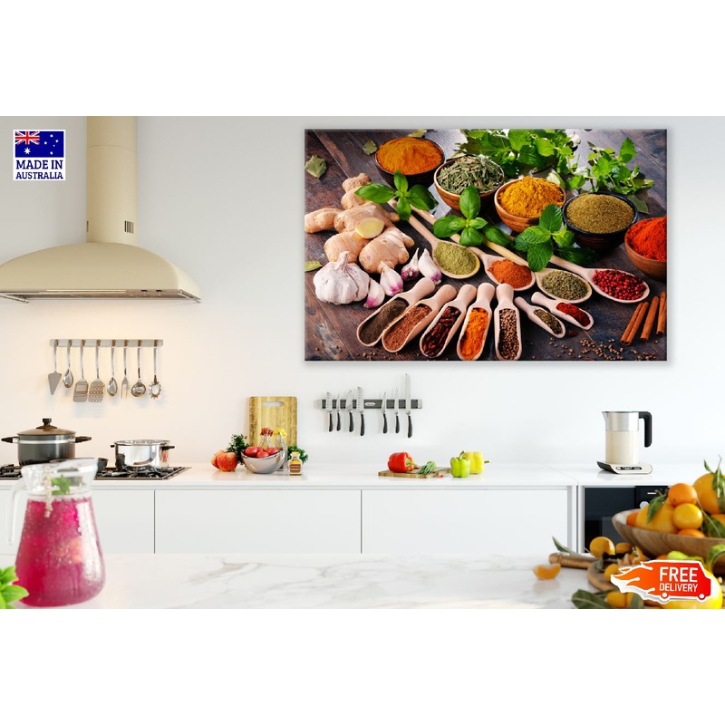 Variety of Spices and Herbs on Kitchen Table Photograph Print 100% Australian Made