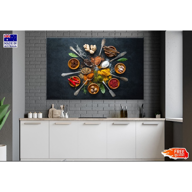 Various Herbs and Spices with Spoons & Bowls Photograph Print 100% Australian Made