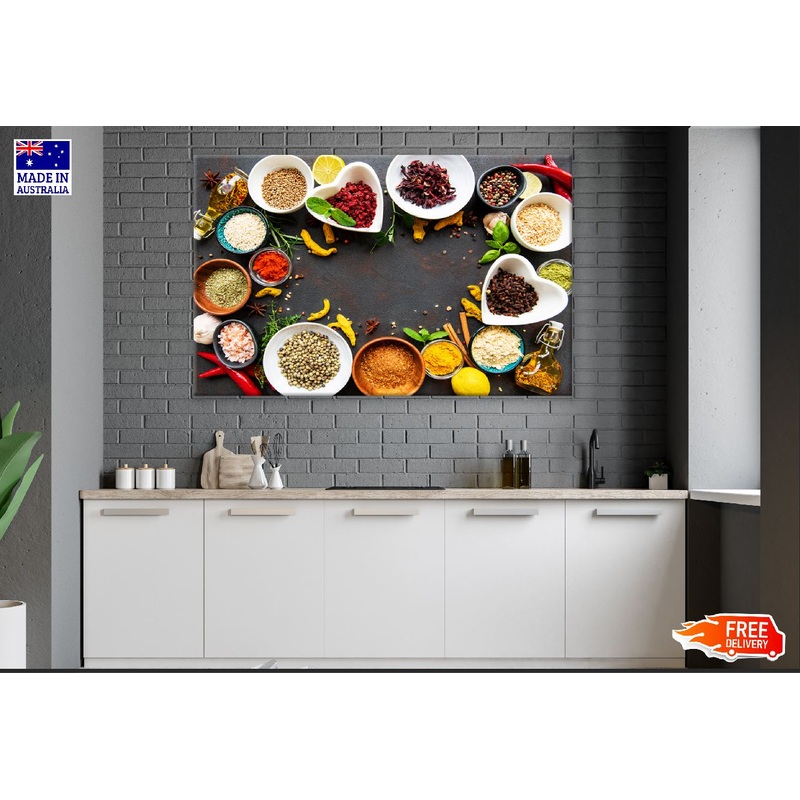 Various Spices in a Bowls Top View Photograph Print 100% Australian Made