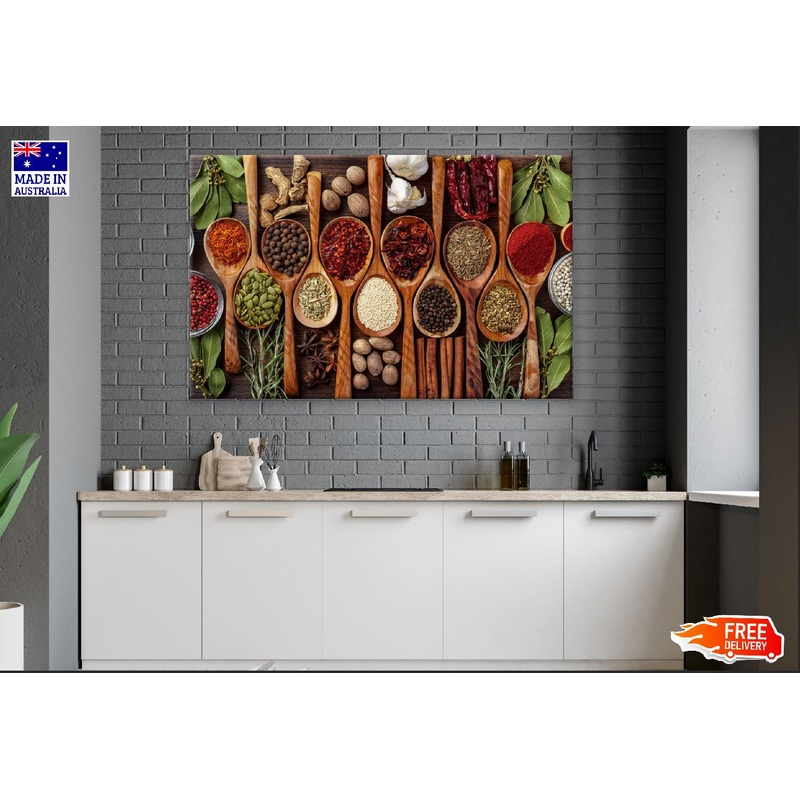 Vivid Spices in Wooden Spoons Top View Photograph Print 100% Australian Made