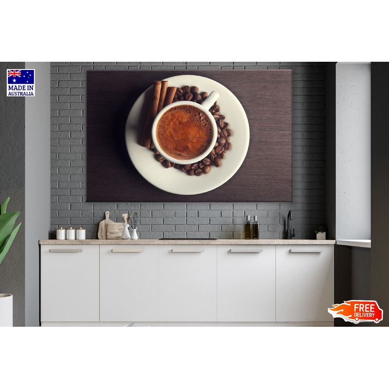 White Coffee Cup with Beans Top View Photograph Print 100% Australian Made