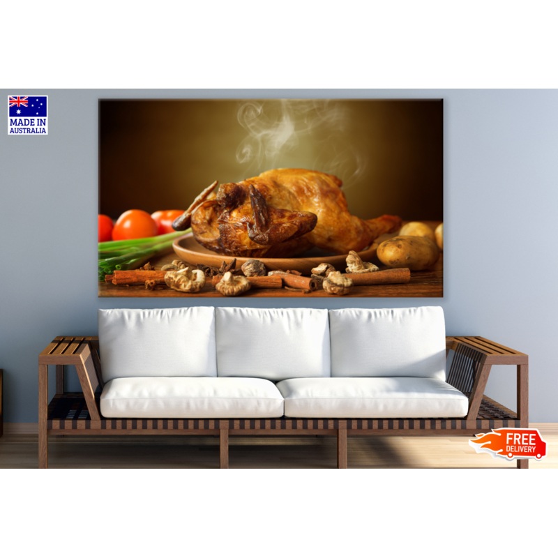 Whole Roasted Chicken with Vegetables on Wooden Tray with Hot Steam Kitchen & Restaurant Print 100% Australian Made