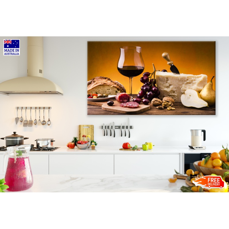 Wine, Cheese, Bread & Fruits on a Wood Table Kitchen & Restaurant Print 100% Australian Made