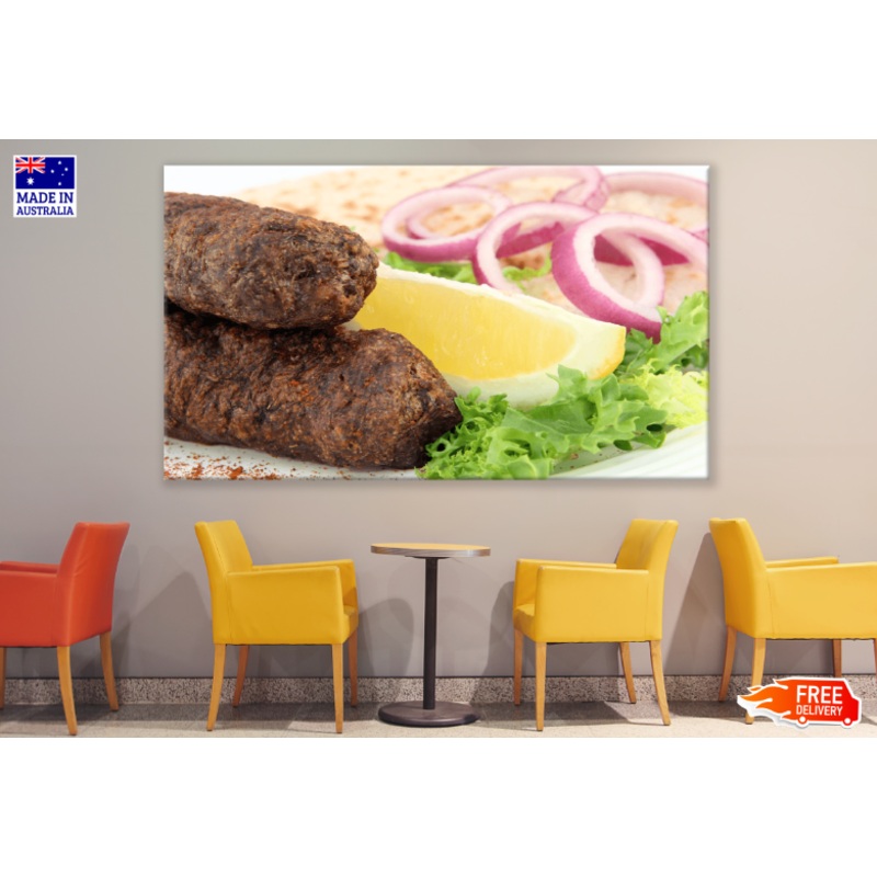 Dinner Kofte Kebabs On Skewers On White Plate With Lettuce Print 100% Australian Made