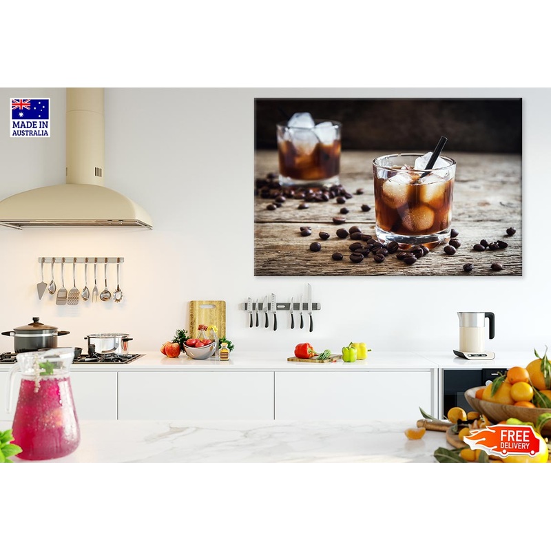 Iced Cofee & Coffee Seeds on Table Photograph Print 100% Australian Made